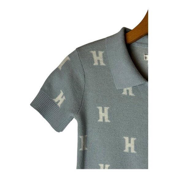 Honor The Gift Sweater Women XS Blue Gray Knit Monogram Short Sleeve Polo Preppy - Picture 5 of 12